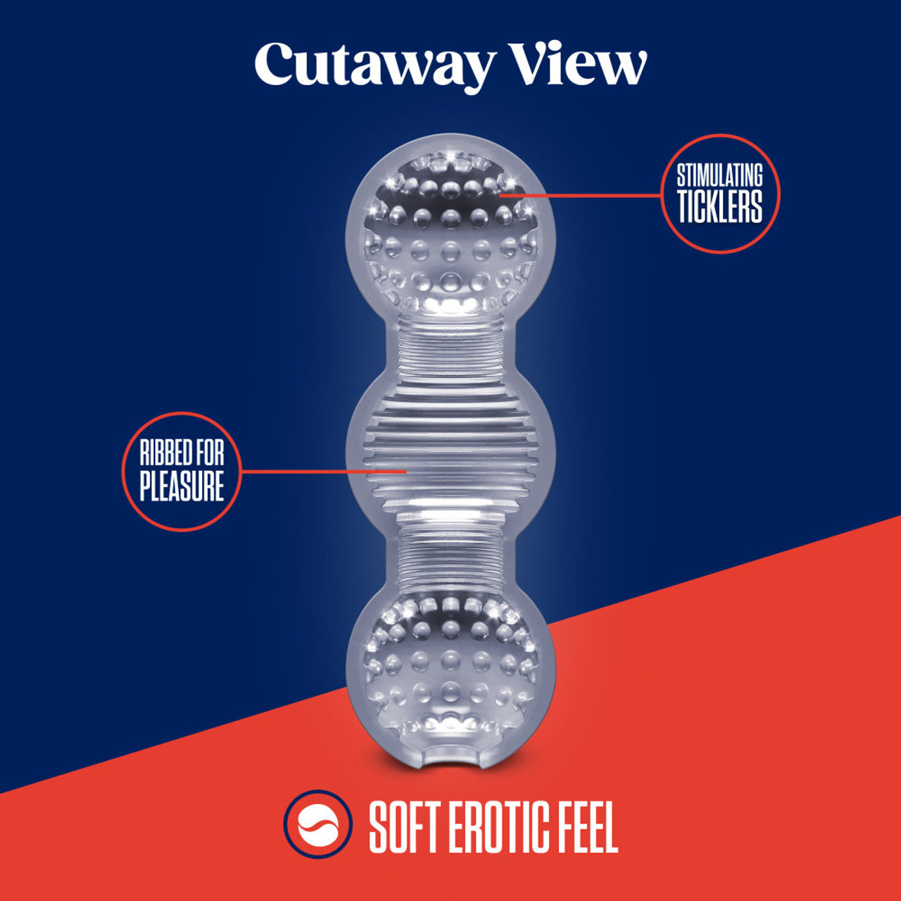Clear stroker with stimulating ticklers and ribbed texture.