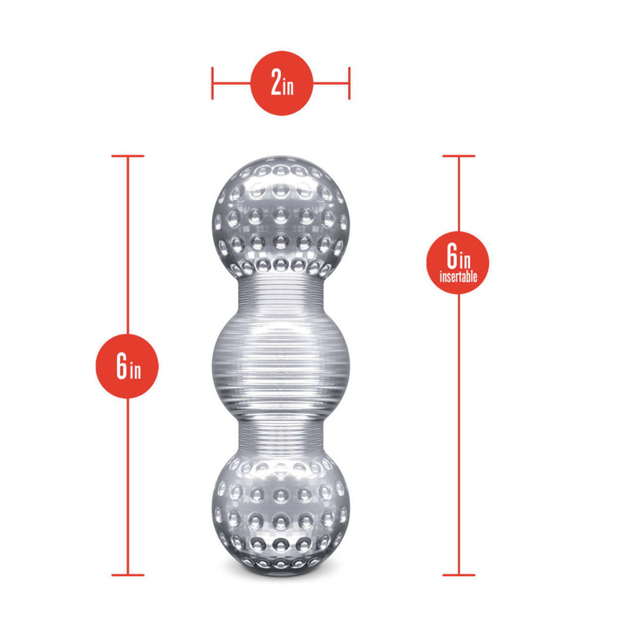 Clear multi-textured stroker with a squeezable fit and golf ball-like texture.