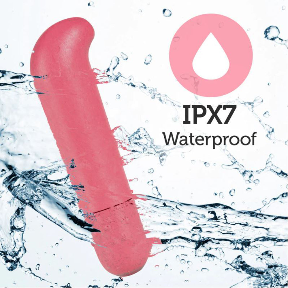 A pink G-spot vibrator with IPX7 waterproof rating.