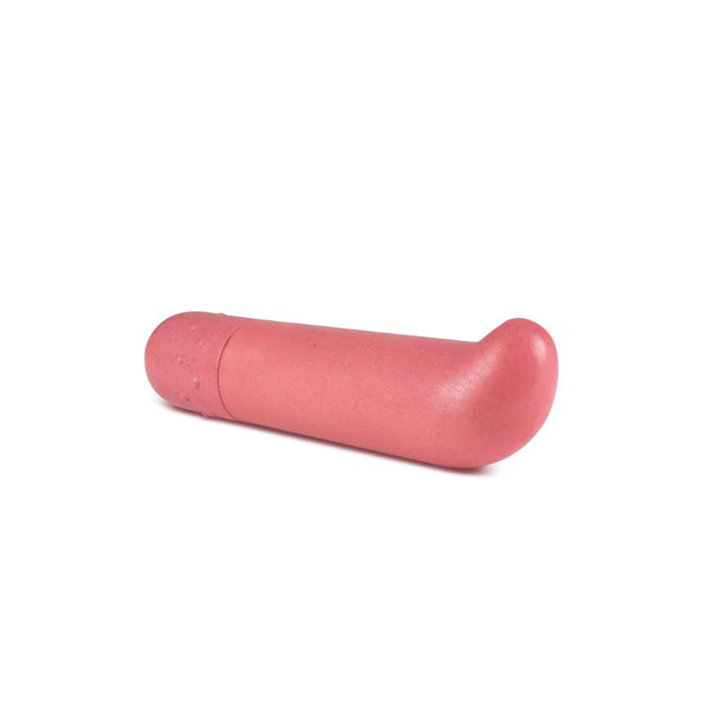 A coral pink G-spot vibrator with a curved tip.