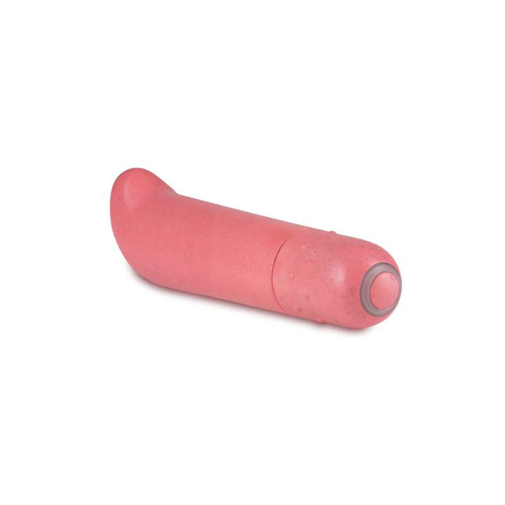 A coral pink G-spot vibrator with a curved tip.