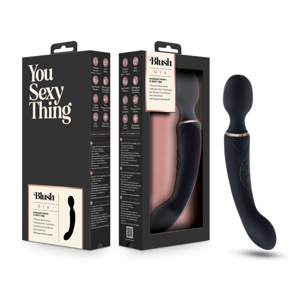 A black dual motor wand and G-spot vibrator with gold accents.