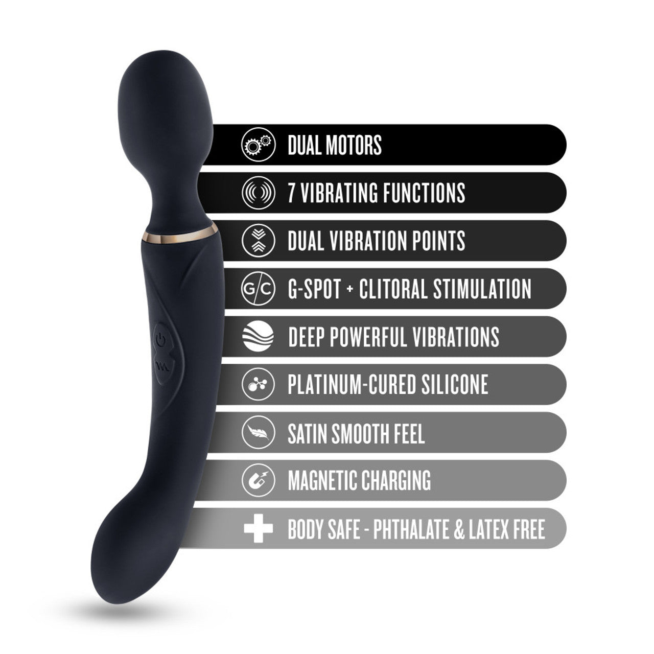 Black dual motor wand and G-spot vibrator with 7 functions.