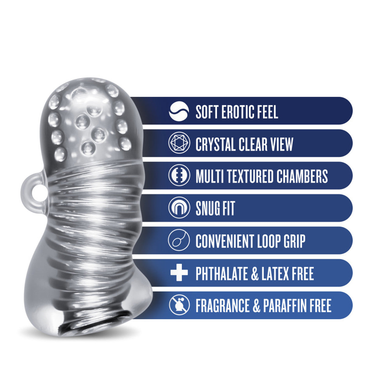 Clear textured stroker with a loop grip and multiple chambers.