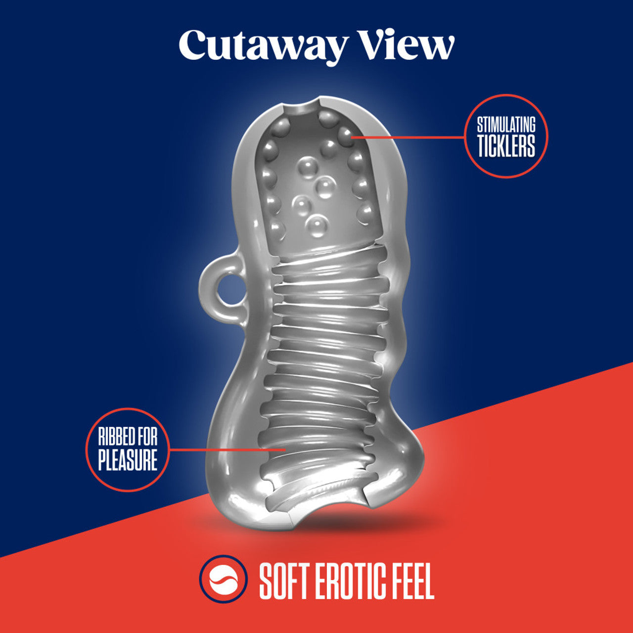 Cutaway view of a ribbed stroker with stimulating ticklers and an easy grip handle.
