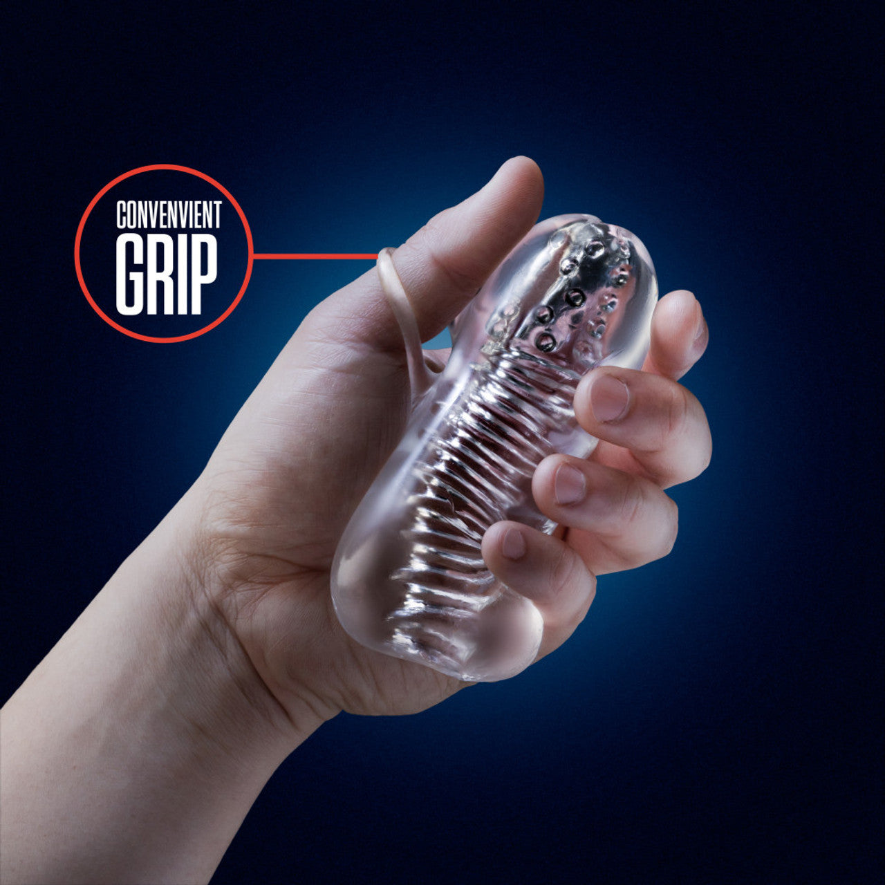 A clear textured stroker with a convenient grip handle.