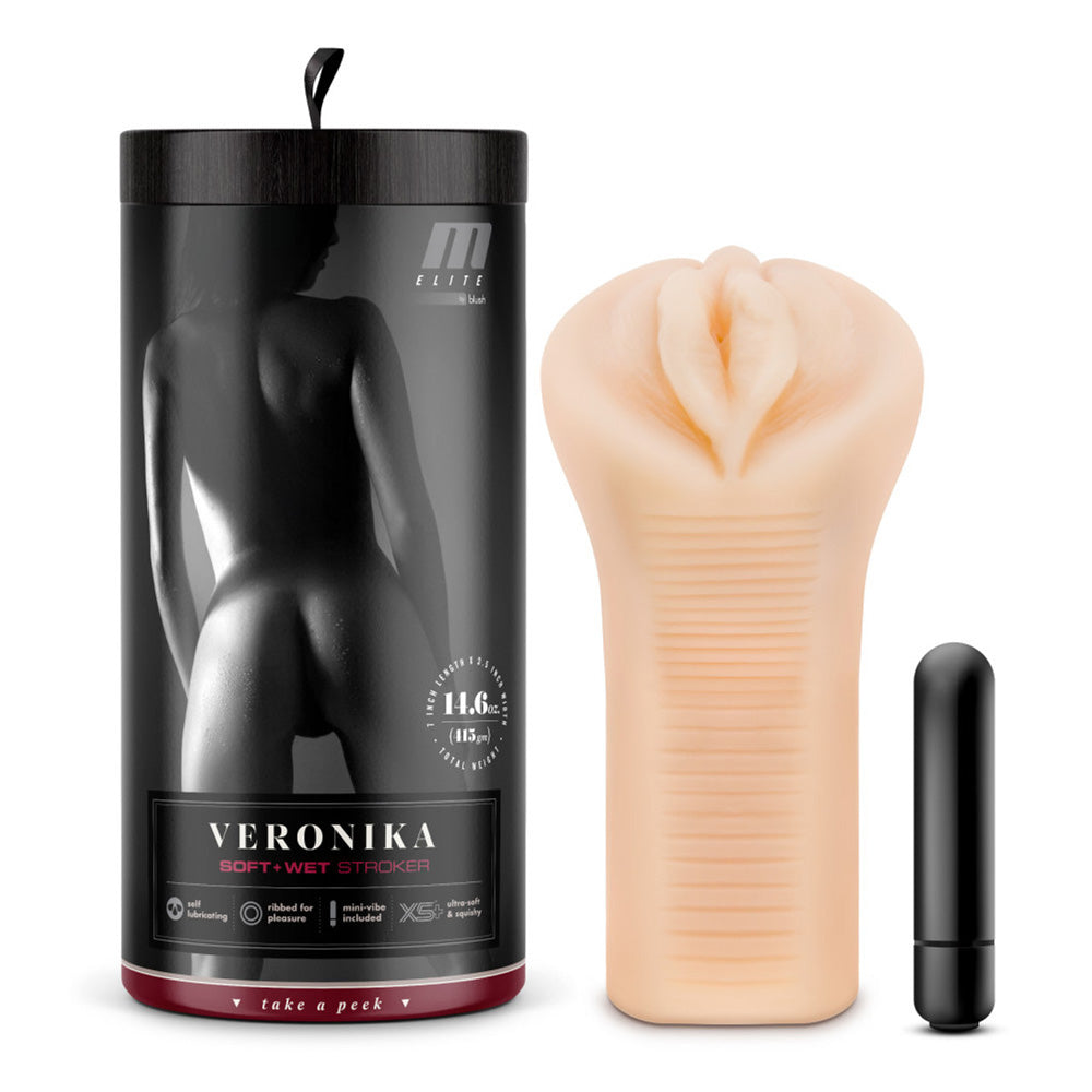 Veronika self-lubricating ribbed stroker with bullet in blush.