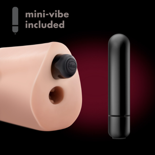 A flesh-toned ribbed stroker with a black bullet vibrator.