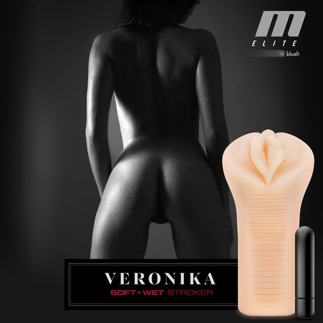 Veronika blush stroker with ribbed interior, self-lubricating feature, and vibrating bullet.