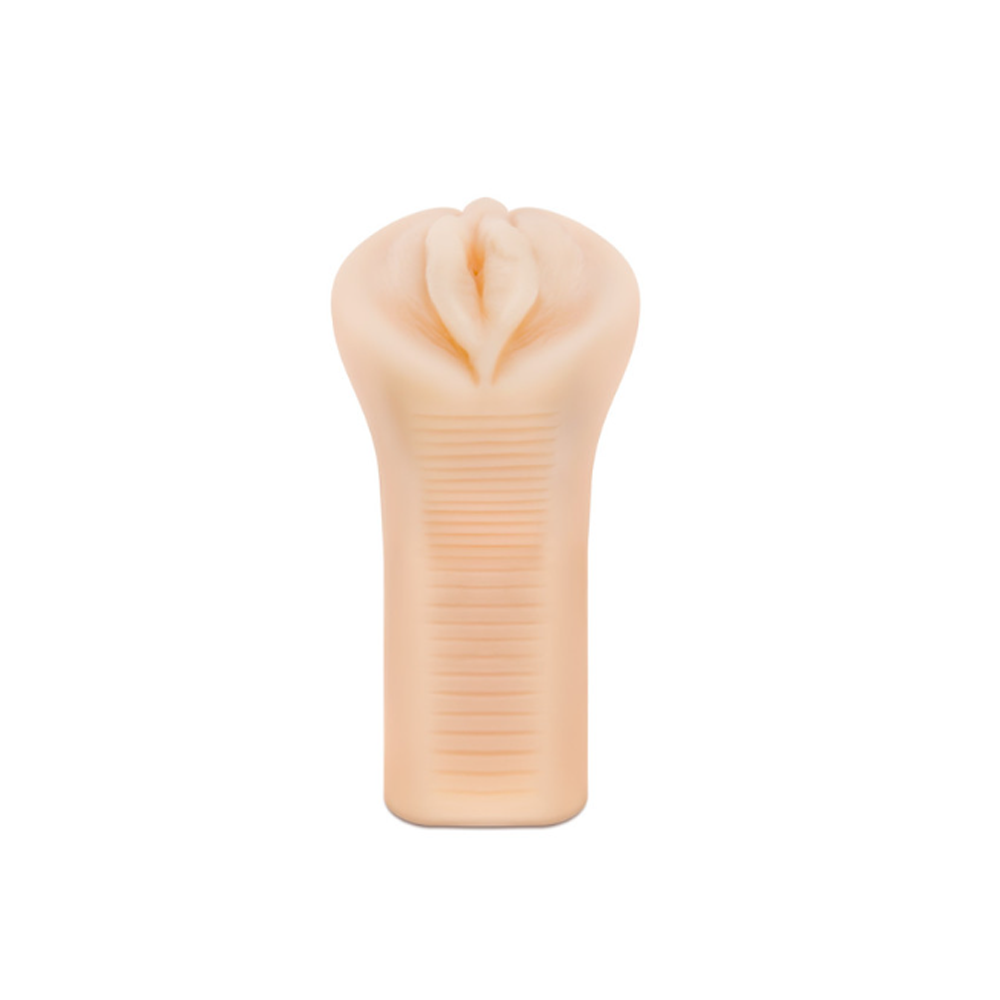 A blush-colored, ribbed stroker with a textured opening.