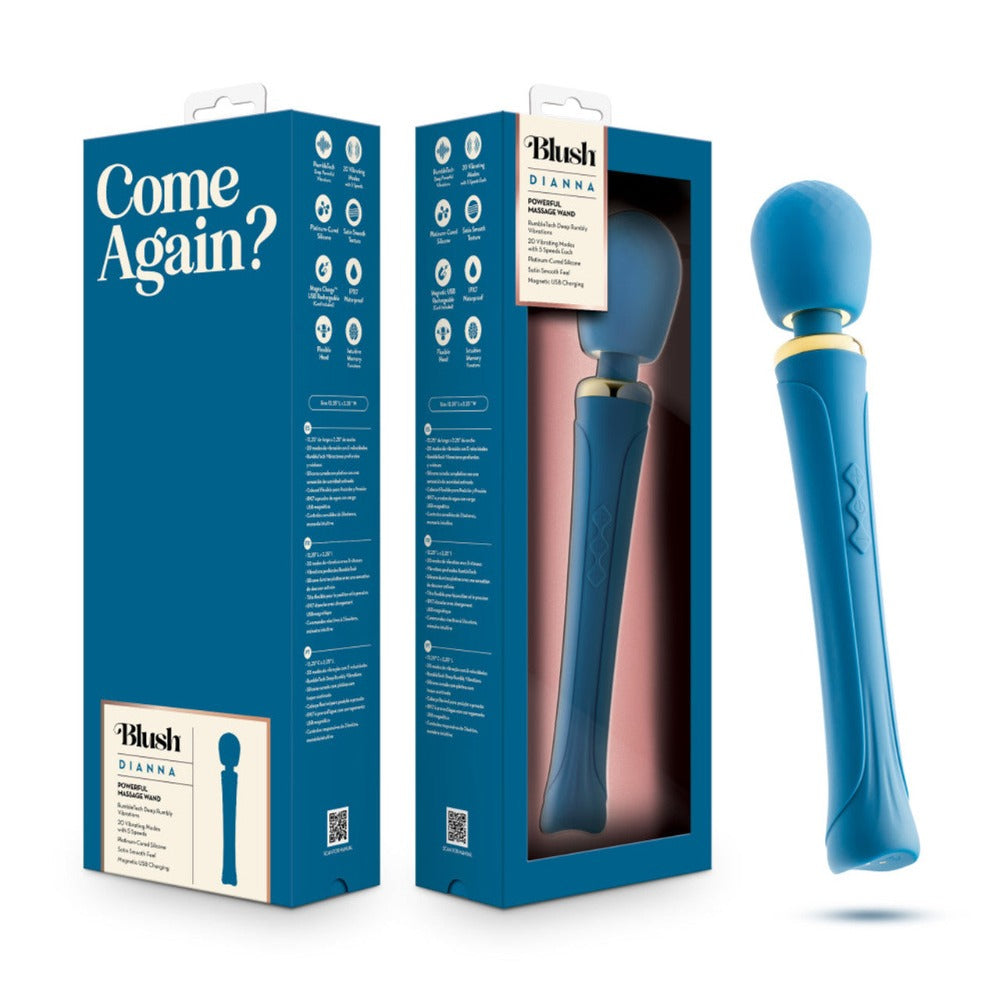 A blue Blush Dianna wand massager with a gold accent and a blue box.
