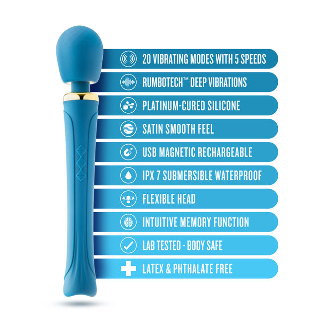 Blue wand massager with gold accents and a list of features.