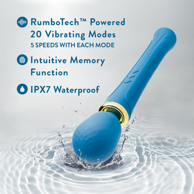 A blue wand massager with gold accents is shown partially submerged in water.