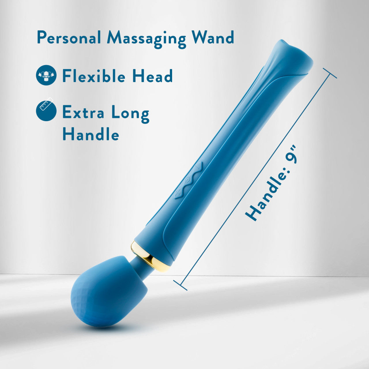 Blue personal massaging wand with a flexible head and 9-inch handle.