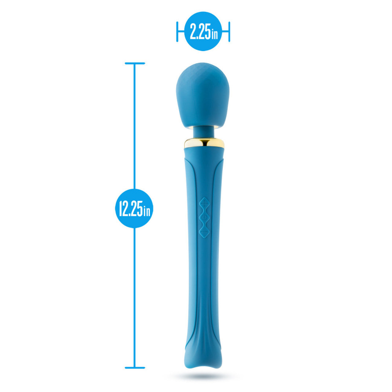 Blue wand massager with dimensions indicated.