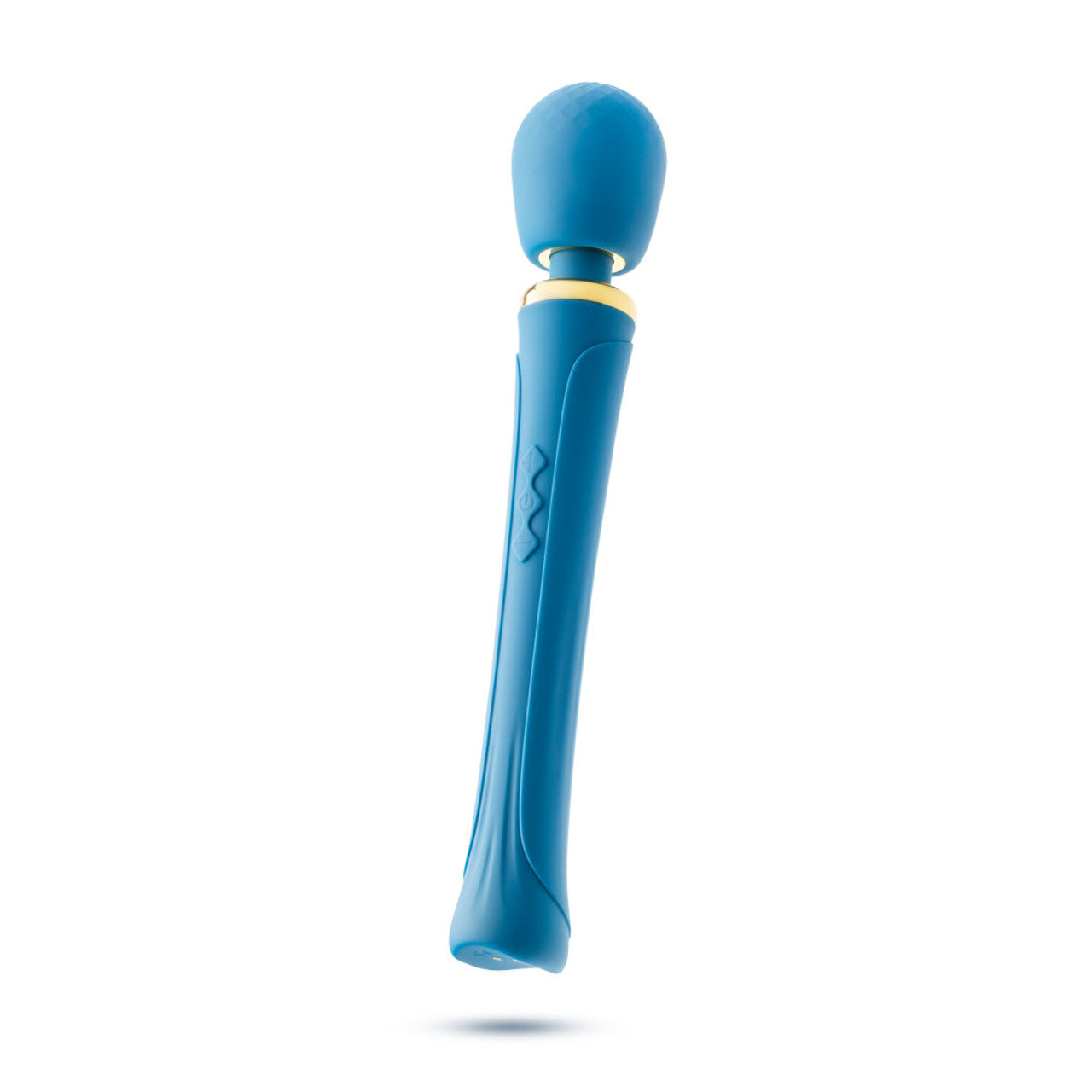 Blue wand massager with a gold accent and textured head.