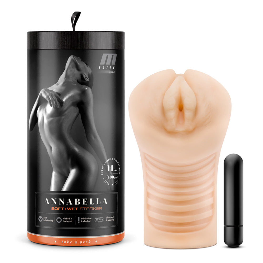 Annabella self-lubricating textured stroker in blush with a black bullet vibrator.