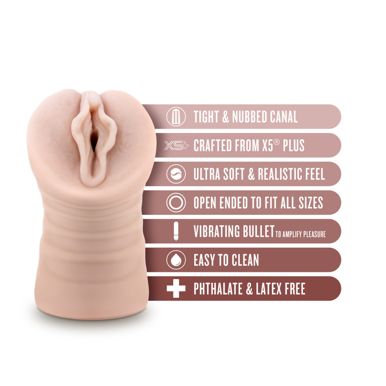 Beige vibrating male stroker with tight, nubbed canal and X5 Plus material.
