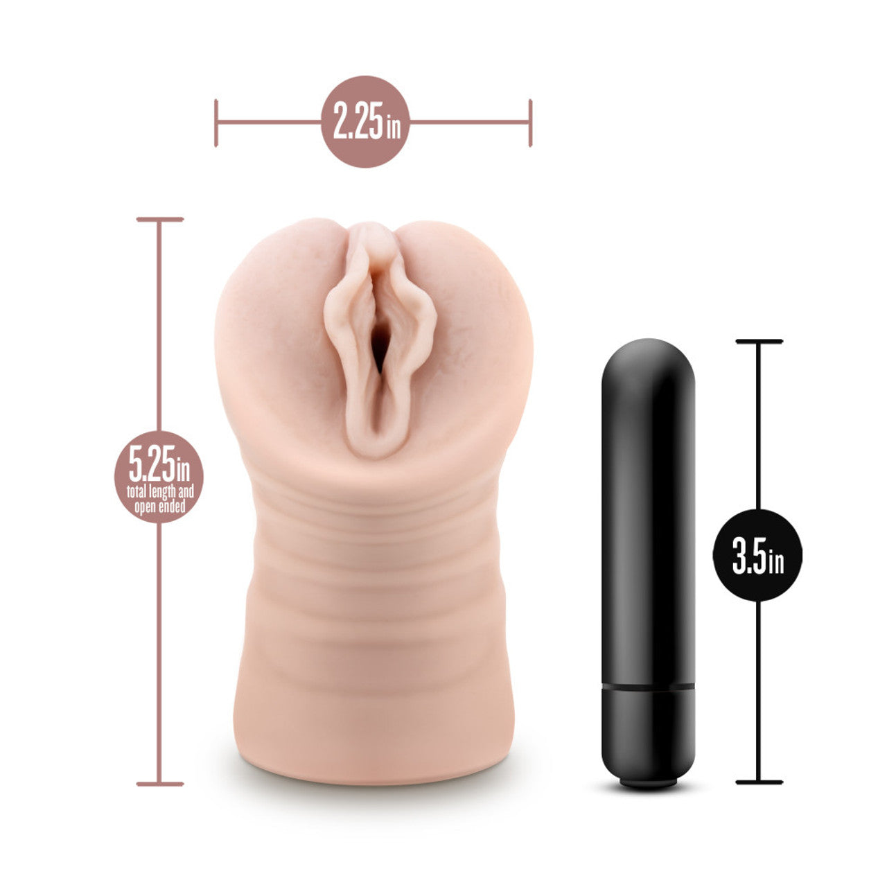 Beige vibrating male stroker with dimensions labeled.