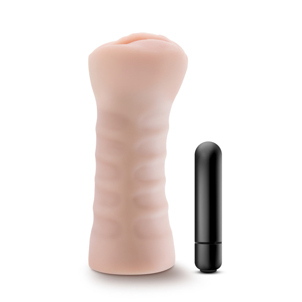 Beige vibrating male stroker with a black bullet vibrator.
