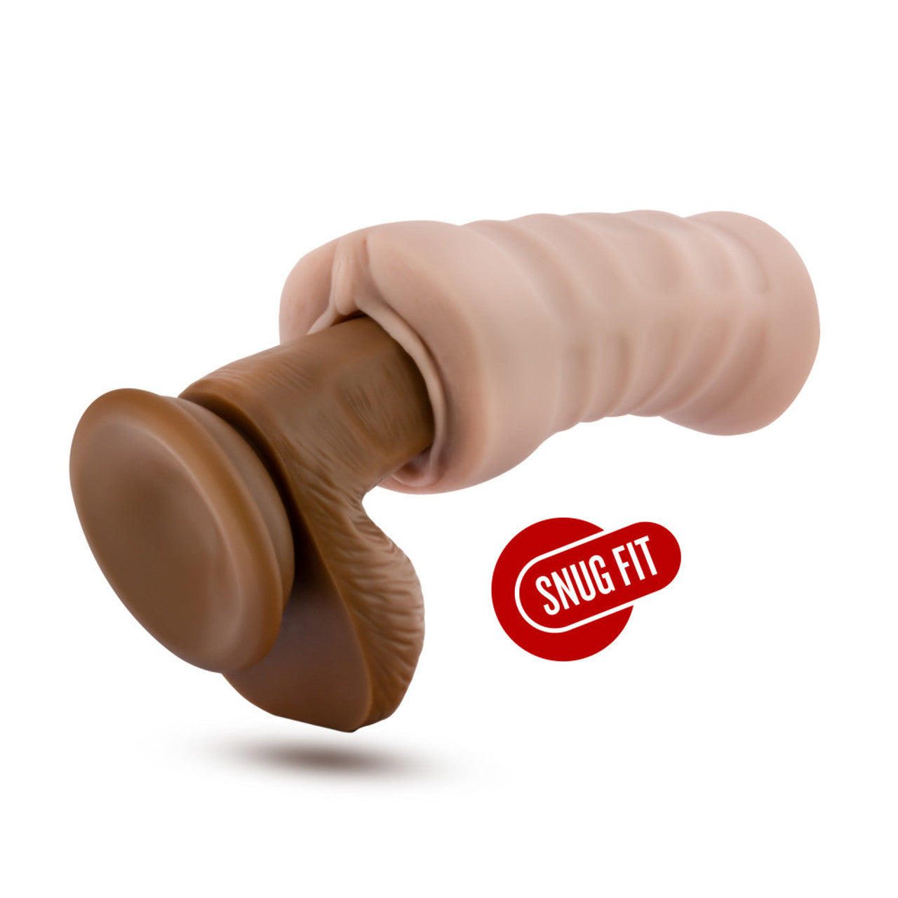 Beige vibrating male stroker with nubbed canal and snug fit label.
