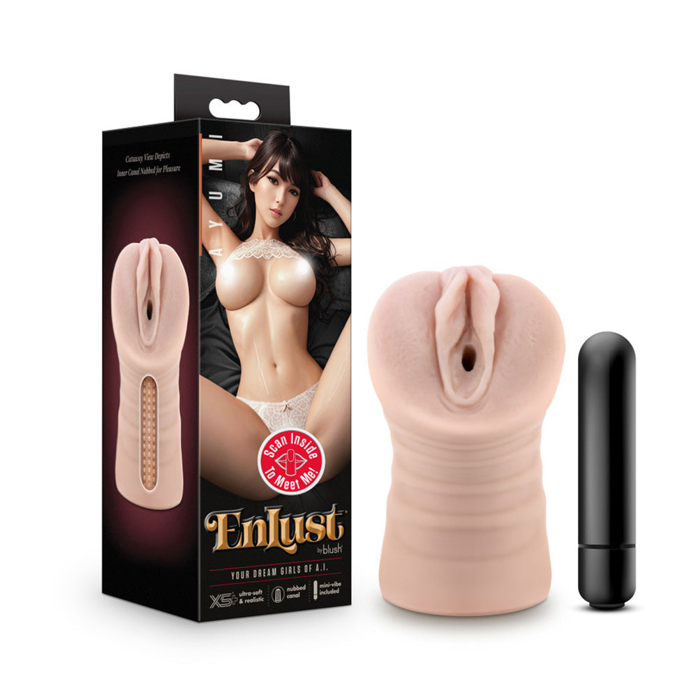 Ayumi vibrating male stroker with open-ended soft sleeve and bullet vibrator.