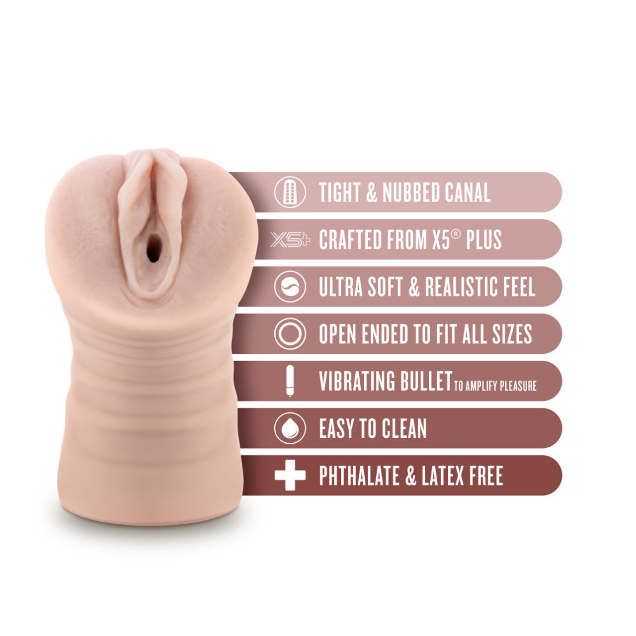 A flesh-toned male stroker with a textured opening and text listing features.