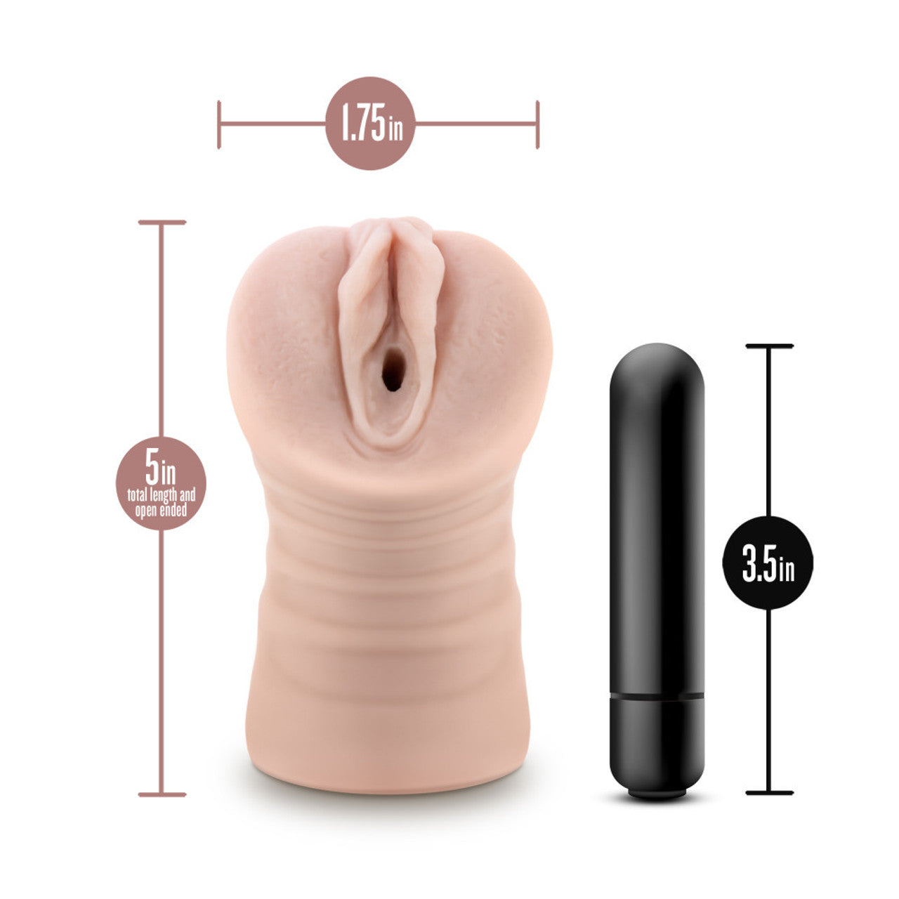 A beige textured male stroker with a black vibrating bullet, showing dimensions.
