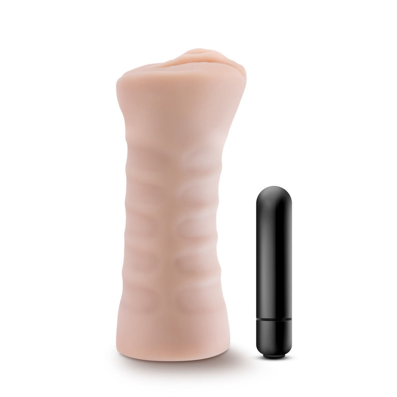 A beige textured male stroker with a black vibrating bullet.