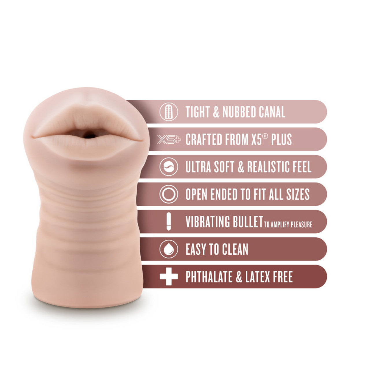Nicole vibrating male stroker made from soft X5 Plus material with nubbed canal and bullet.
