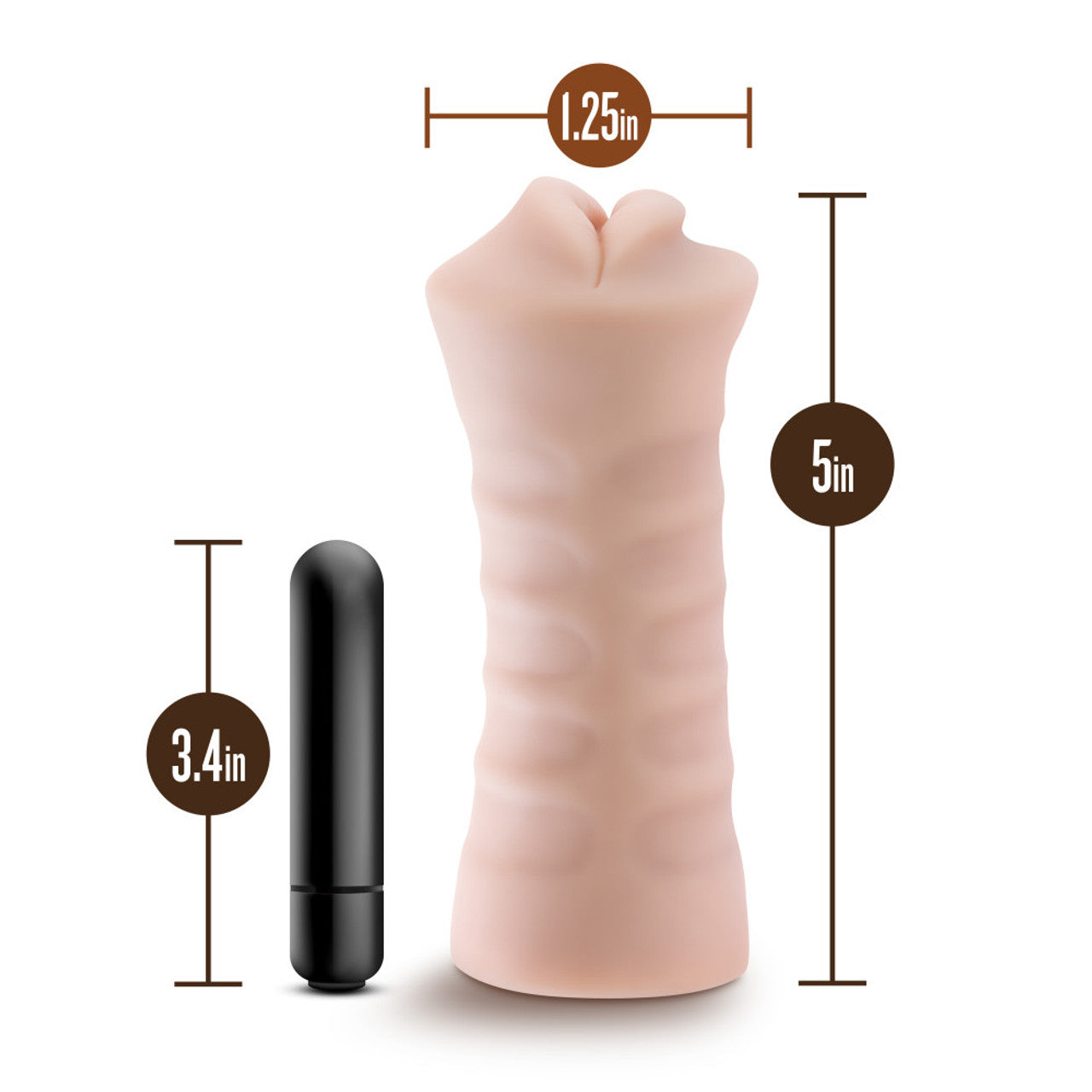 A beige male stroker with textured interior and a black vibrating bullet, with dimensions labeled.
