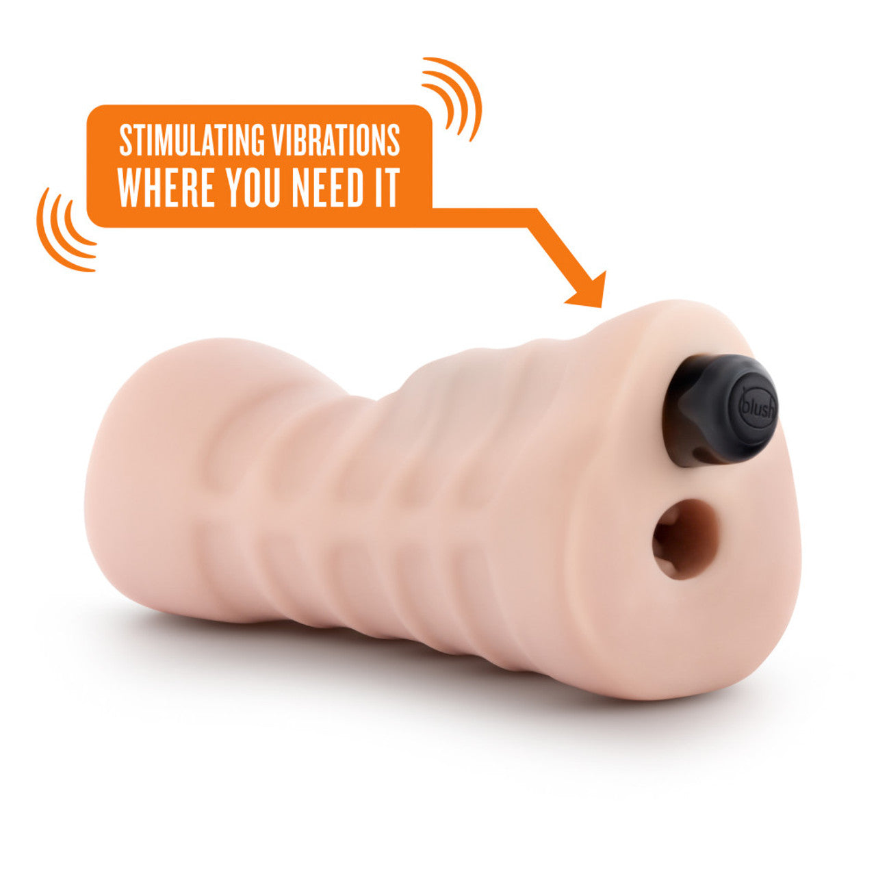 A beige male stroker with a black vibrating bullet and textured interior.