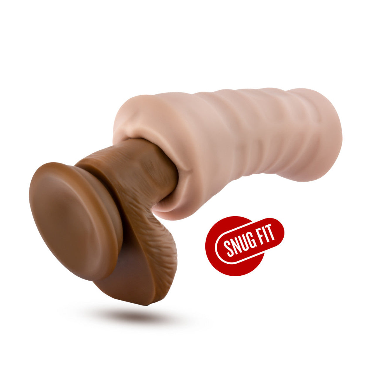 Nicole vibrating male stroker in flesh tone with nubbed interior and Snug Fit label.