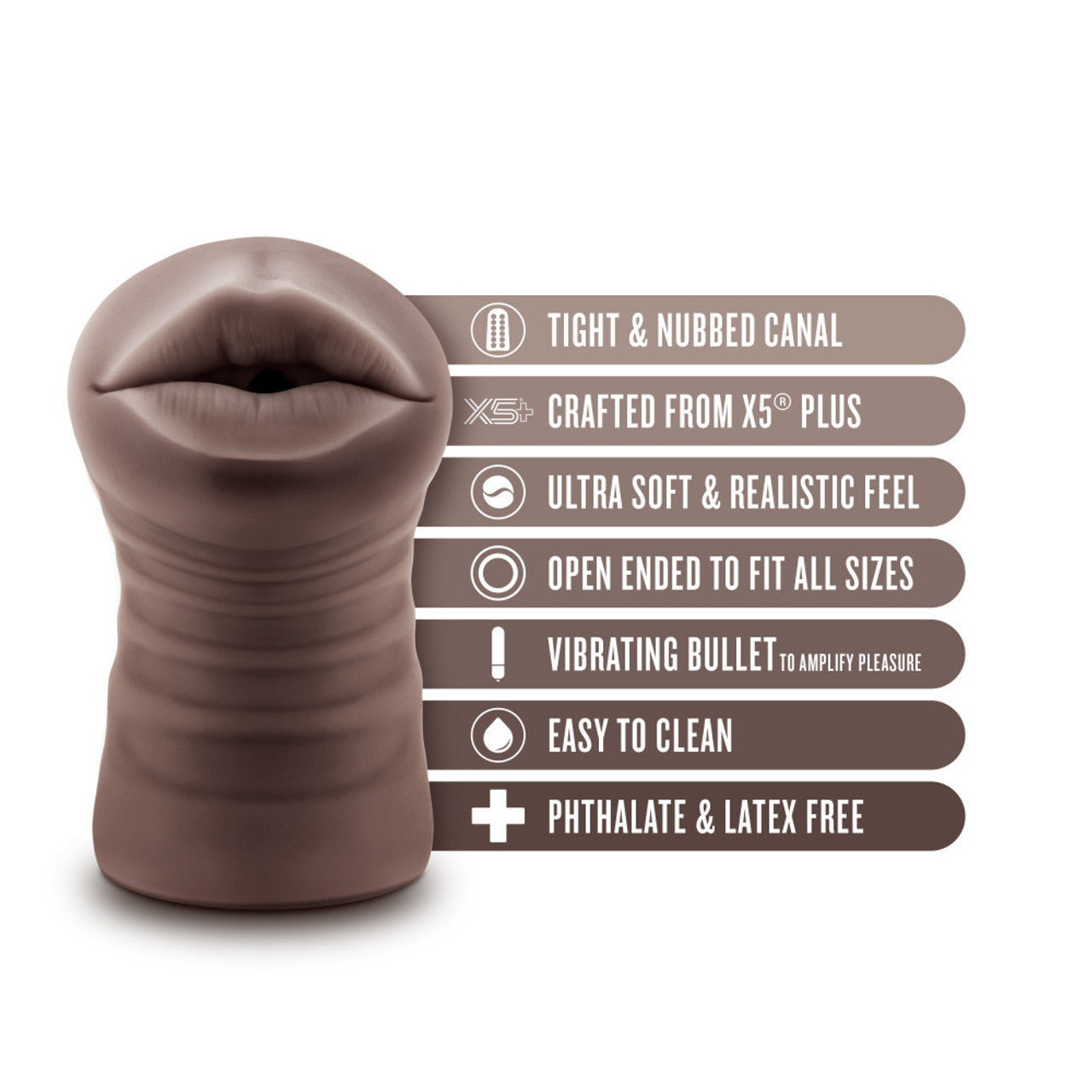 Vibrating male stroker in brown X5 Plus material with open-ended nubbed canal and bullet.