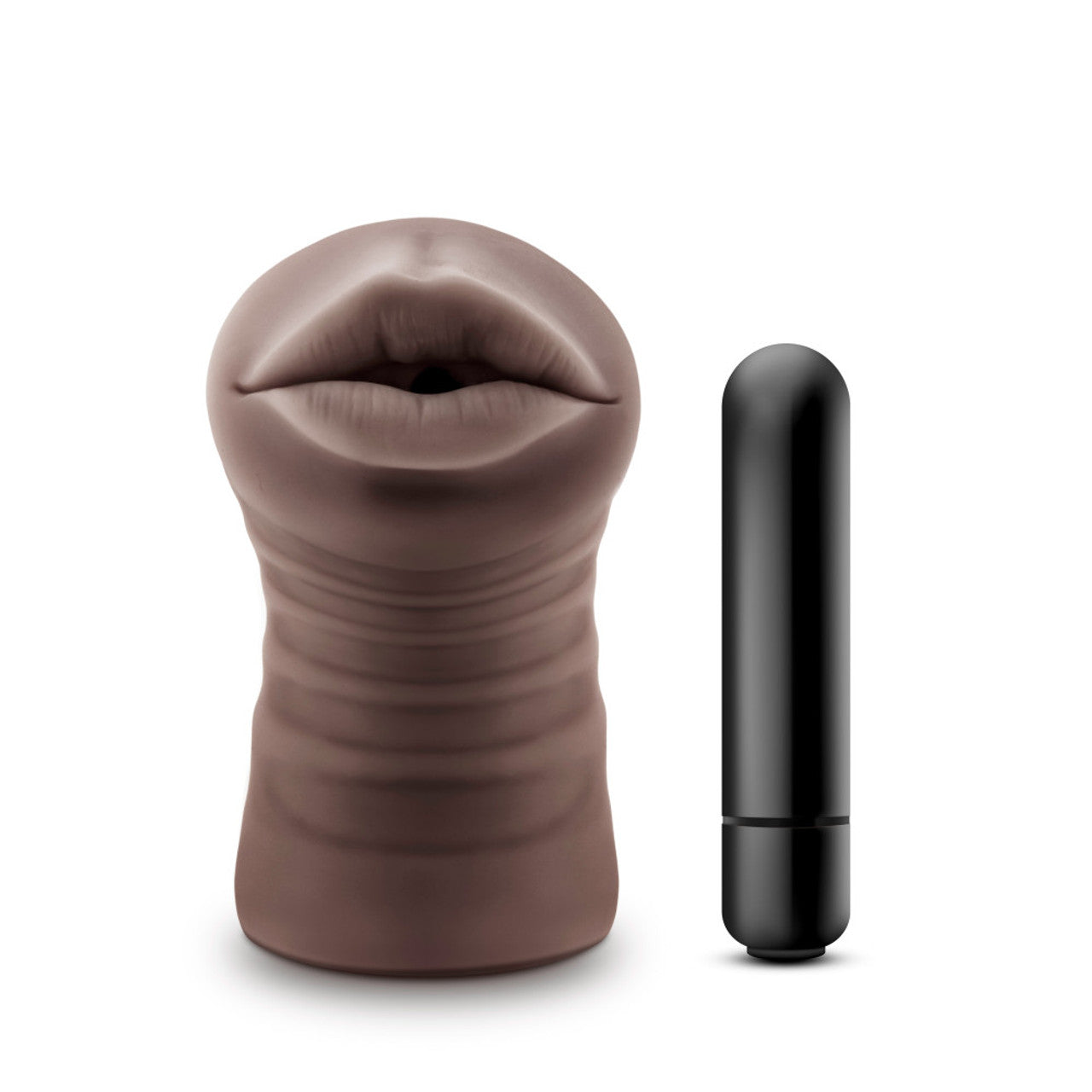 Brown vibrating male stroker with open mouth design and black bullet vibrator.