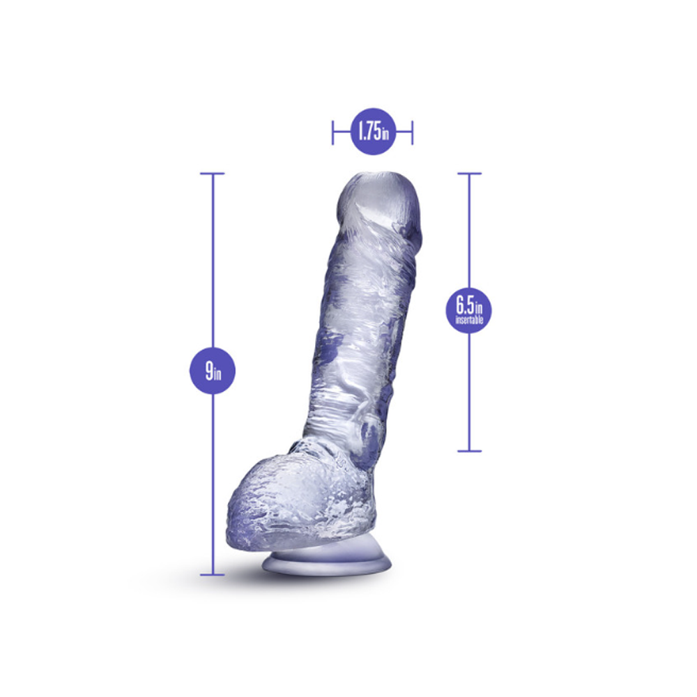 Clear realistic TPE suction cup dildo with curved G-spot design and dimensions shown.