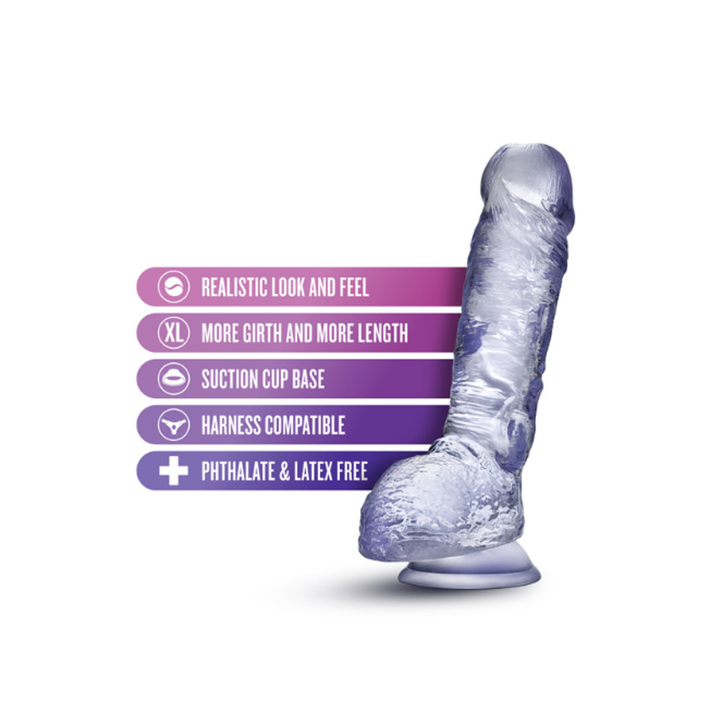 Clear realistic TPE dildo with suction cup base, curved for G-spot stimulation.