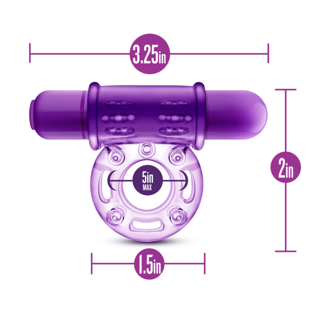 Purple vibrating cock ring with size indicators.