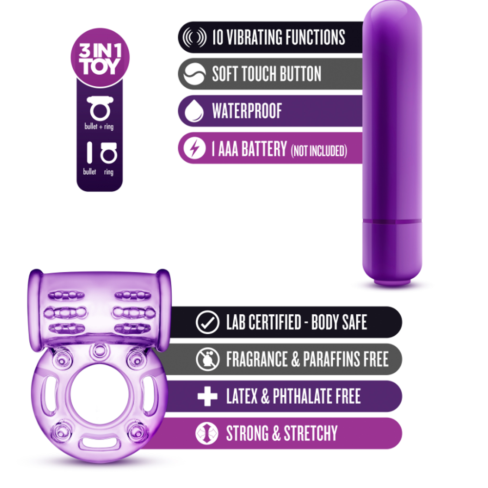 Purple vibrating cock ring with 10 functions, waterproof and stretchy.