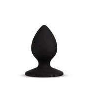 Black silicone anal plug with a tapered tip and a wide, expressive base.