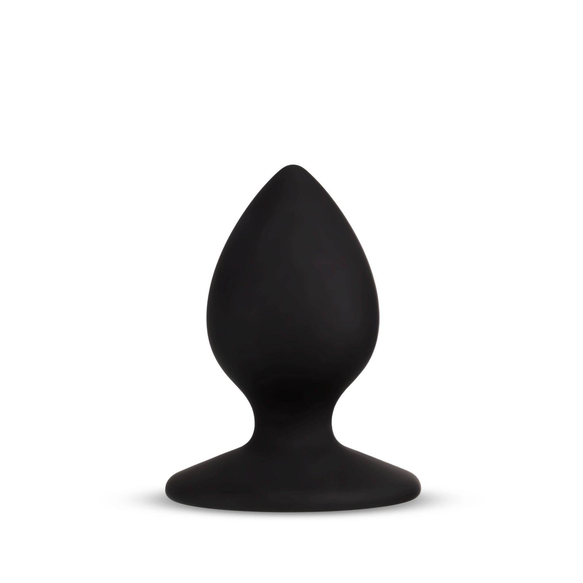 Black silicone anal plug with a tapered tip and a wide, expressive base.