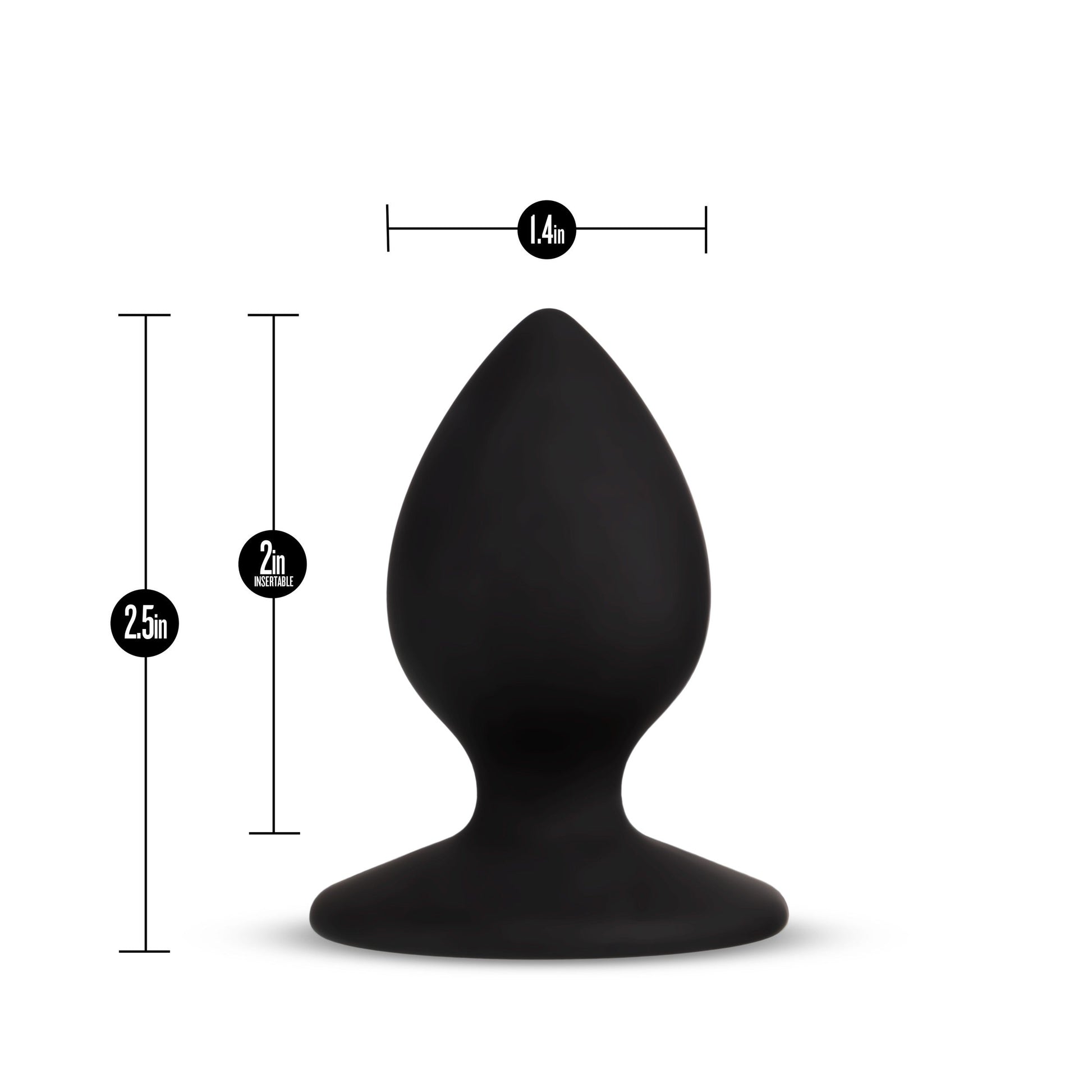 Black silicone anal plug with a tapered tip and expressive base, 2.5 inches long.