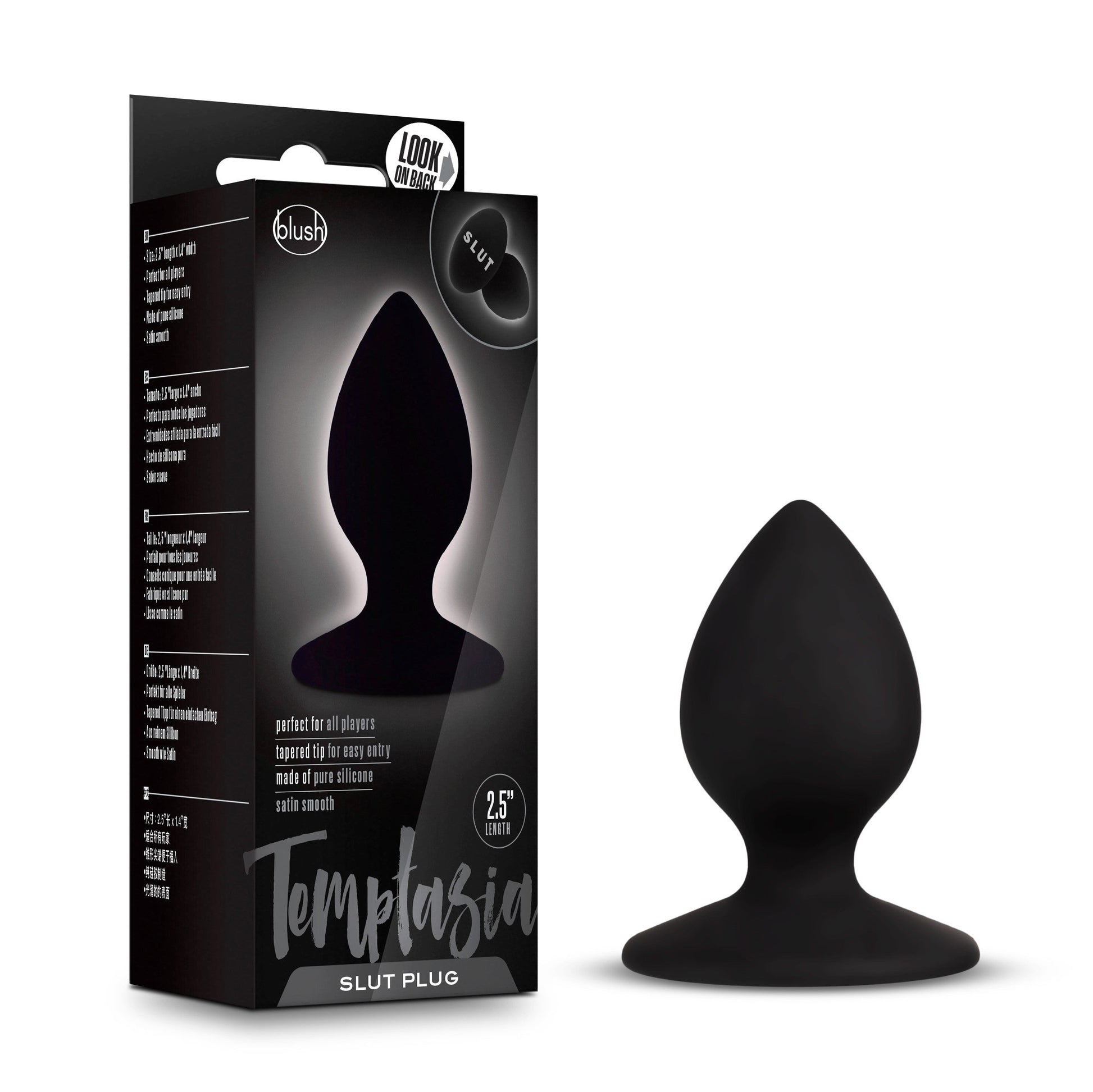 Black silicone anal plug with a tapered tip and expressive base.