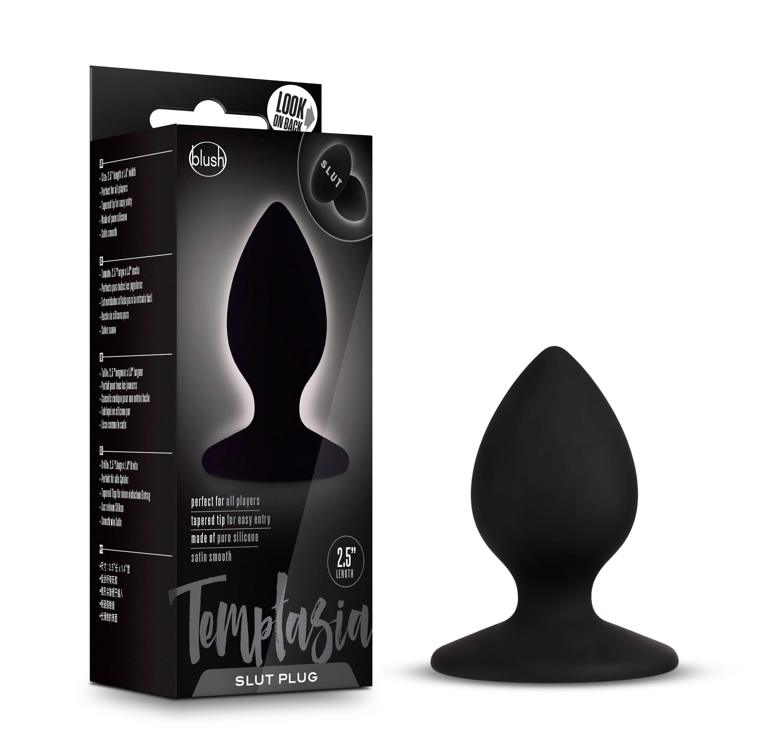 Black silicone anal plug with a tapered tip and expressive base.