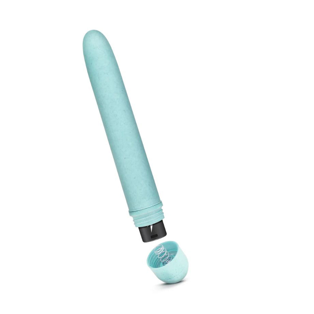 Aqua plant-based straight vibrator with removable cap and visible spring.