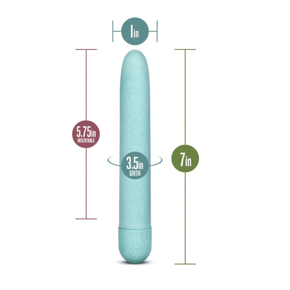 Aqua plant-based straight vibrator with 5.75 inch insertable length and 1 inch width.