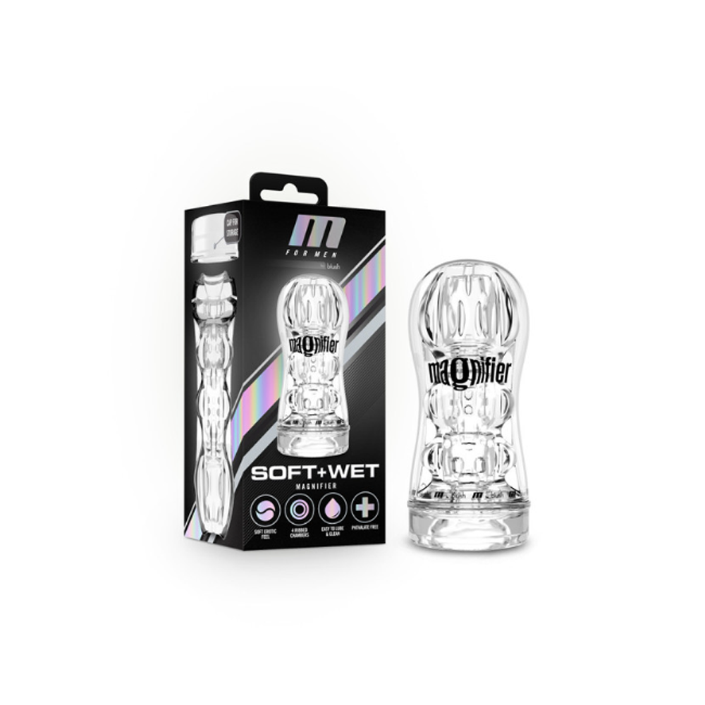 Clear, self-lubricating pocket stroker with textured interior.