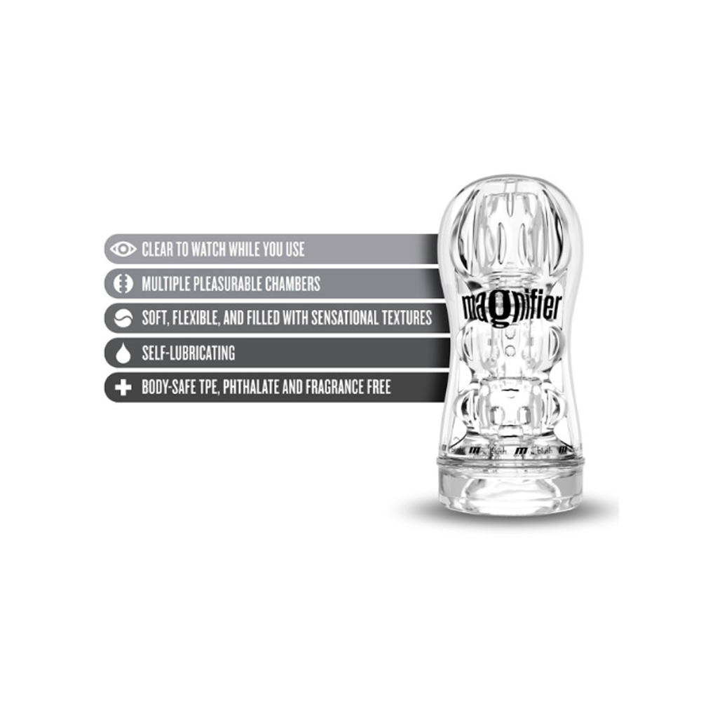 Clear self-lubricating stroker with multiple textured chambers.