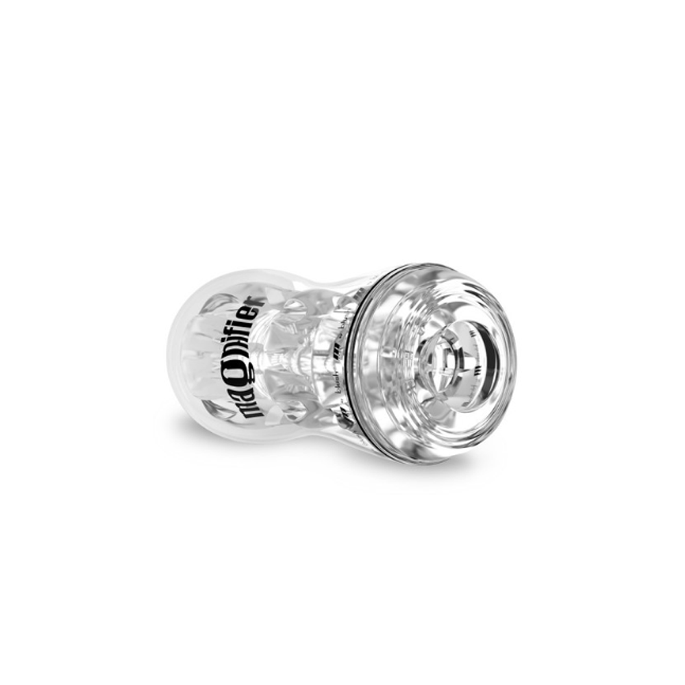 Clear pocket stroker with textured interior and "magnifier" text.