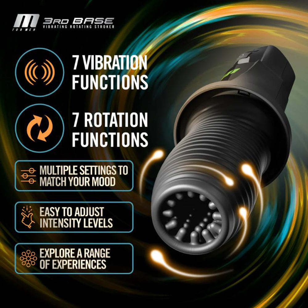 A black vibrating and rotating male masturbator with multiple settings.